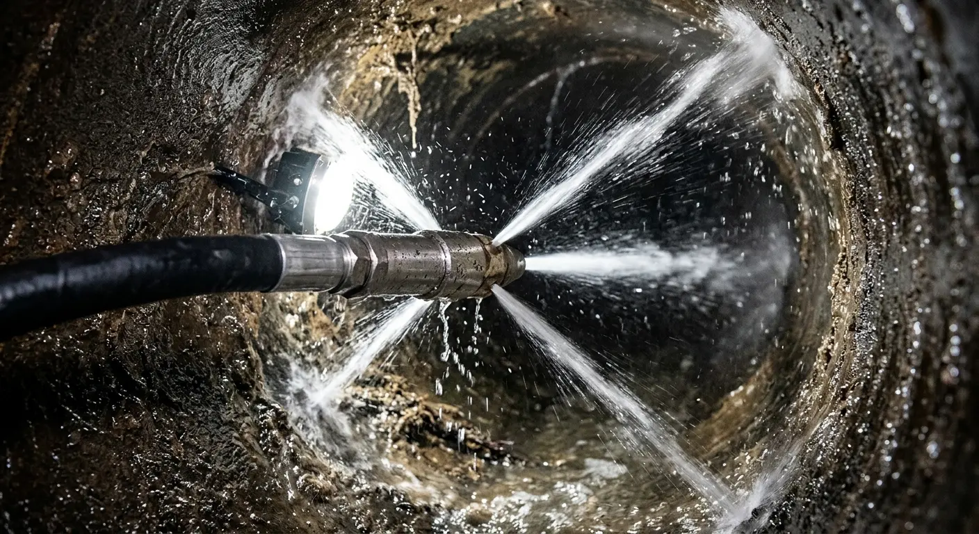 High-pressure hydro jetting nozzle cleaning sewer pipe for Sewer Cleanout in Los Fresnos