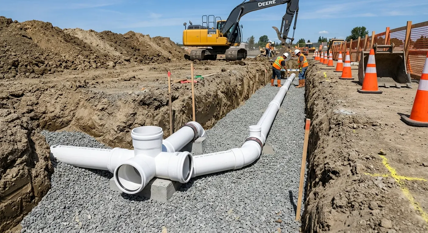 New PVC sewer pipe installation in open trench for Sewer Camera Inspection in Los Fresnos