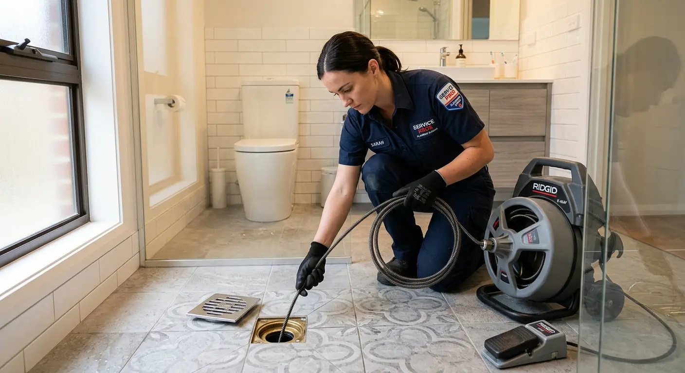 Technician clearing a bathroom floor drain for Sewer Line Installation in Los Fresnos